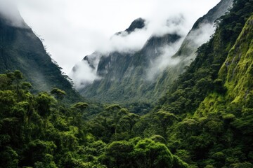 Lush green rainforest landscape with misty mountains