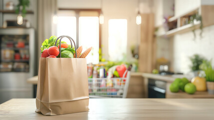 Fresh fruits and vegetables in a paper bag. Groceries in paper bag