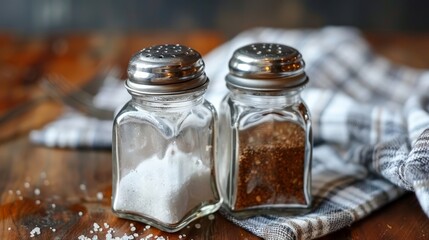  Two salt and pepper shakers on a wooden table, one next to a dish towel
