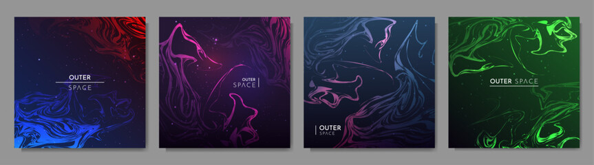 Vector illustration. Liquid effect background. Harmony dark gradient color banner set. Design elements for web template, advertising or application wallpaper. Mystic astronomy decoration concept