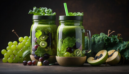 Glass jar mugs with green health smoothie, kale leaves, lime, apple, kiwi, grapes, banana, avocado, lettuce , Generative Ai
