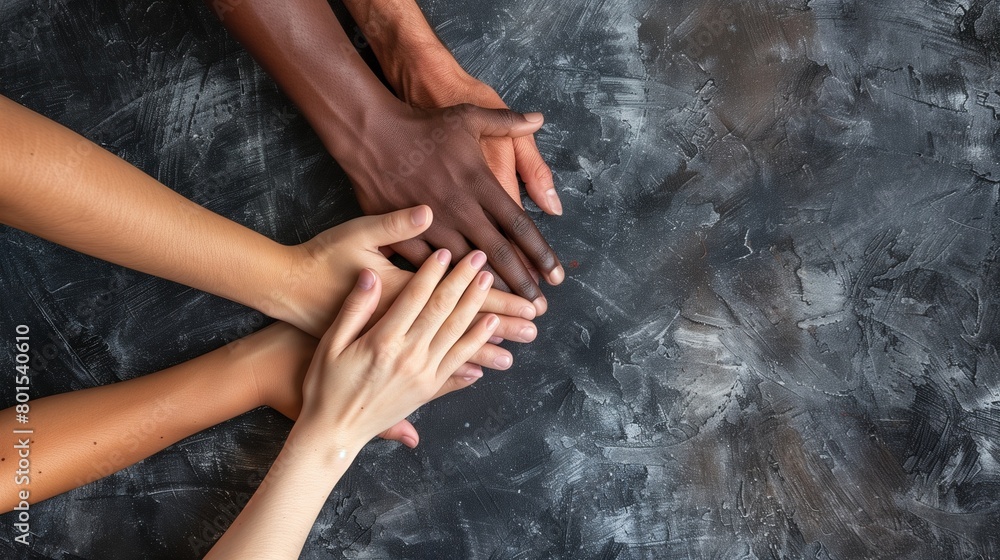 Poster an image showcasing a concept of unity and diversity, featuring multiple hands of different skin ton