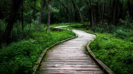 long wooden path, nature background, copy and text space, 16:9