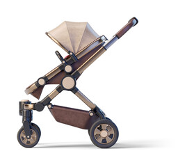 Brown leather jogging baby stroller on transparent background. 3D render right view