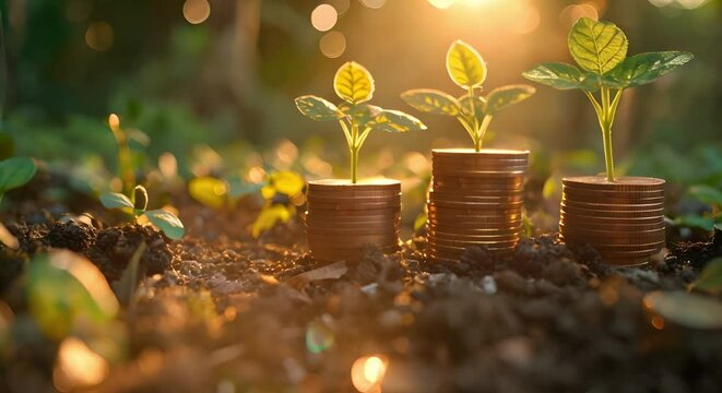 Nurturing Wealth: Depicted by Coin Stacks and Seedlings. Concept Growth Mindset, Financial Independence, Wealth Management, Investment Strategies