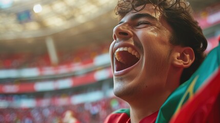 A fan wearing a hat joyfully shouts and waves the Portuguese flag in the stadium among the...