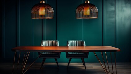 a wooden table with two chairs and a lamp hanging over it in a room with green walls and wooden floors..