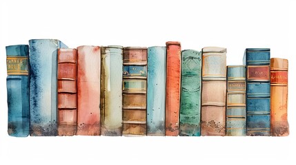 vintage books stacked in a row watercolor illustration isolated on white