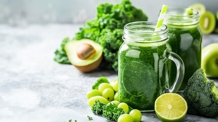 Fototapeta premium Health smoothie kale leaves, lime, apple, kiwi, grapes, banana, avocado, lettuce in glass jar mugs. Vegan, Vegetarian, Green health smoothie. Healthy food 