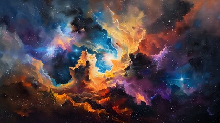 Fototapeta premium Captivating Cosmic Landscape - Vibrant Oil Painting of Dramatic Celestial Wonders