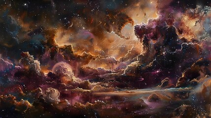 Fototapeta premium Breathtaking Cosmic Landscape - Expansive Celestial Panorama of Glowing Clouds and Swirling Galaxies