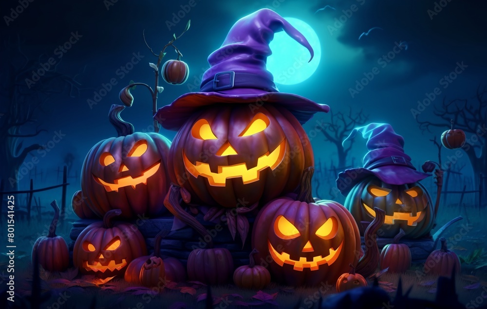 Poster a group of pumpkins with witches hats on them in a field at night with a full moon in the background