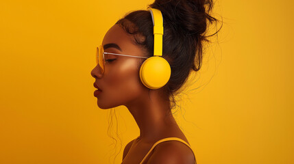 Beautiful female in her twenties with yellow headphones on, side view. Yellow background.