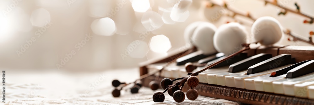 Poster a piano with a bunch of white balls on it's strings and a branch with leaves