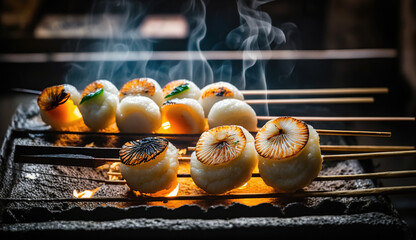 Grilled seafood scallop and sea urchin eggs skewer with smoke, japanese street food at Tsukiji Fish Market, Japan. selective focus and film style, Generative Ai