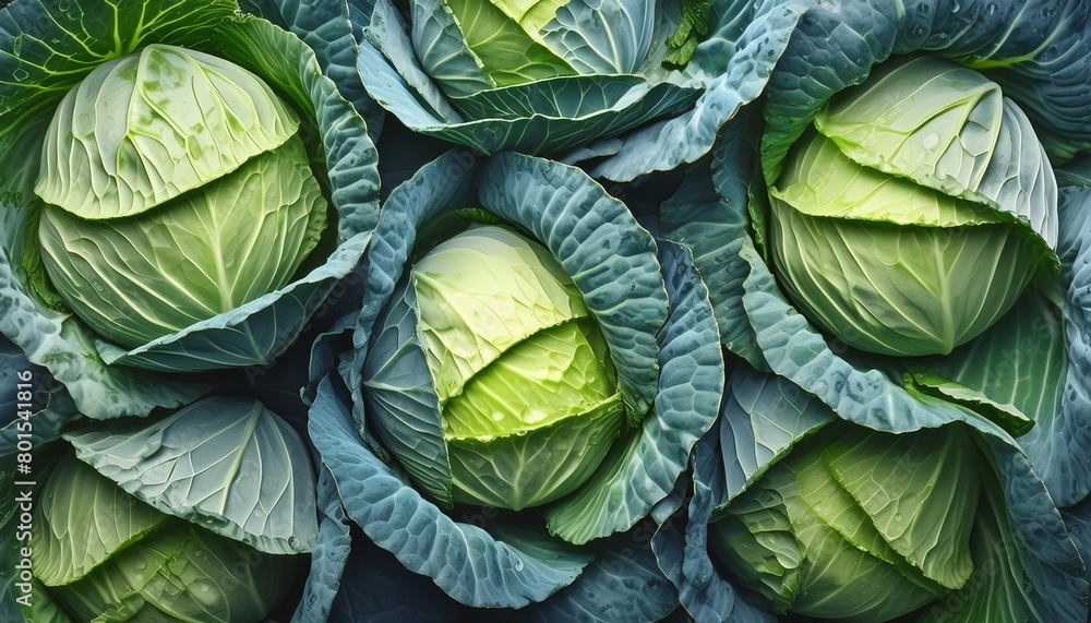 Wall mural cabbage in drops of water, top view. Proper nutrition and healthy vegetables and vitamins.