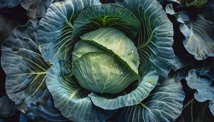 Obraz premium green cabbage close-up on a dark background, top view. Proper nutrition and healthy vegetables and vitamins.