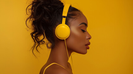 Beautiful female in her twenties with yellow headphones on, side view. Yellow background.