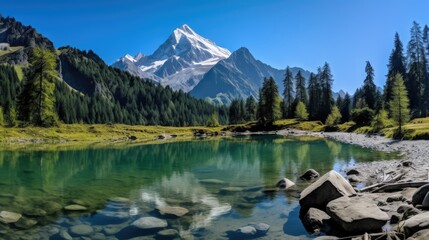Serene mountain lake with snow-capped peaks