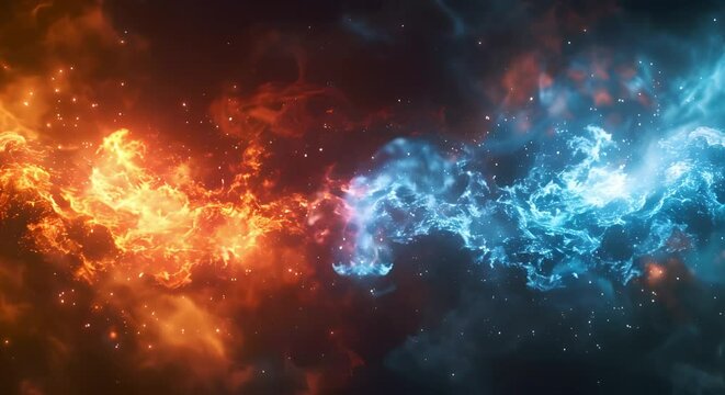 Red vs blue electric battle in abstract flamelike lightning confrontation. Concept Abstract art, Flamelike lightning, Red vs blue, Electric battle, Confrontation