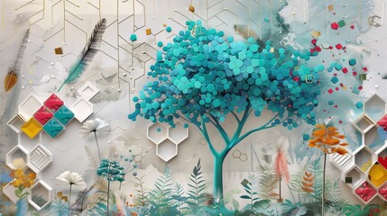 Abstract scene with a turquoise tree against a vibrant hexagon and feather-detailed backdrop.