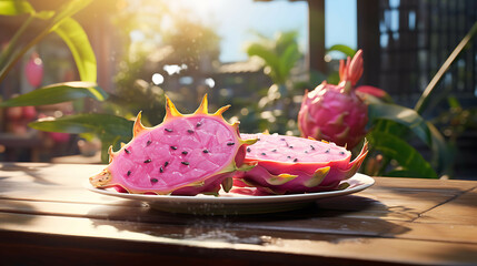 A dragon fruit slice placed on a tropical plate, with a few dragon fruit seeds nearby, and a...