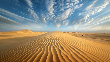 A vast desert expanse, stretching out as far as the eye can see, with towering sand dunes sculpted...