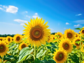 Fototapeta premium Vibrant Sunflower Field Under Bright Blue Sky