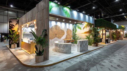 A modern trade show booth with tropical design elements featuring palm trees, wooden textures, and sunset imagery.
Tropical Themed Trade Show Booth