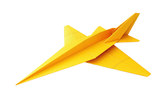 Yellow paper plane airplan isolated on white or transparent background