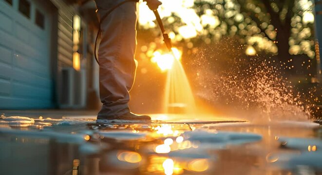Man power washing concrete driveway with electric pressure washer in sunny suburban morning. Concept Home Maintenance, Pressure Washing, Driveway Cleaning, Outdoor Chores, Morning Routine