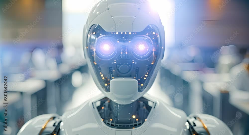 Poster humanoid robot competes with humans in a job interview setting. concept artificial intelligence, hum