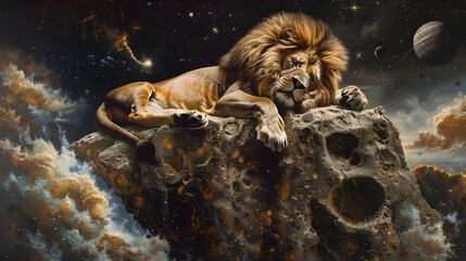 Majestic Lion Resting on Cosmic Asteroid Amid Distant Planets and Sparkling Stars