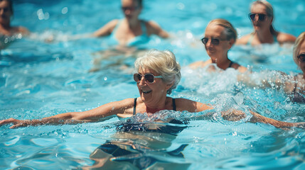 A 60-year-old woman does sports in an outdoor pool, an elderly woman does water aerobics, dancing or fitness in an outdoor pool