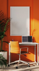 A burst of tangerine brightens a minimalist office setting, with a blank white frame on the wall serving as a blank canvas for imaginative endeavors.