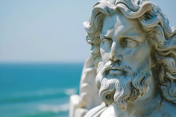 a statue of a man with a beard in front of the ocean with waves crashing in the background