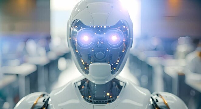 Humanoid robot competes with humans in a job interview setting. Concept Artificial Intelligence, Human vs Machine, Job Interview, Robotics, Future of Work