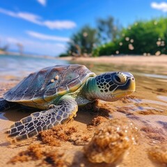 Obraz premium Colorful sea turtle on tropical beach