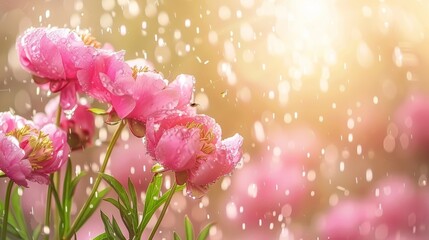   A group of pink flowers, some with water droplets, against a softly blurred backdrop of pink blooms