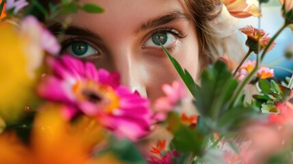 Close-up of a young woman's face partially obscured by vibrant flowers, conveying a sense of beauty and nature. Enchanting Floral Gaze. lush summer floral arrangement, captivating gaze. AIG50