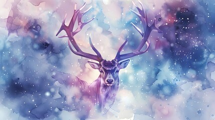 Graceful Deer Surrounded by Swirling Galaxies and Stars in a Dreamlike Watercolor Landscape