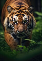 Fierce Tiger Gazing Through Foliage