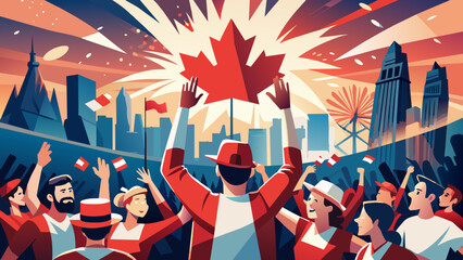 Fototapeta premium Vibrant Canada Day Celebration with Cheerful Crowd and Fireworks