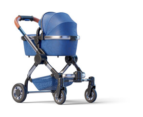 Blue leather baby stroller on transparent background. 3D render back right view