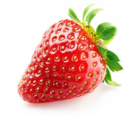 close up of a strawberry with a leaf on it's tip and a white background