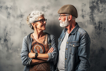 Fototapeta premium Senior couple portrait in grey background. elderly people looking each other. Older adult woman and man with grey hair.