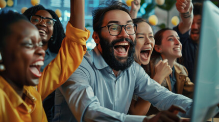 An emotional portrait of a group of office workers who are happy about completing a deal. People look at the computer screen, rejoice and have a great time