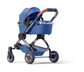 Blue leather baby stroller on transparent background. 3D render front left view