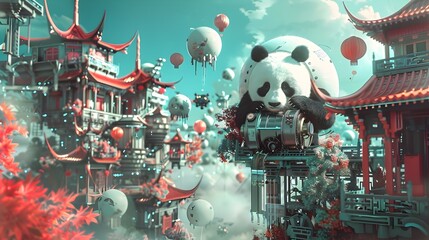 Panda Technician Repairing Satellite in Futuristic Chinese Architectural Space with Vibrant Hues