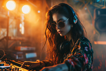 Young female DJ working and mixing dance music at turntables in a nightclub. Woman portrait in...